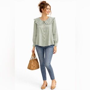 Womens S Sage Green Peter Pan Collar Blouse Textured Button Front Cottagecore